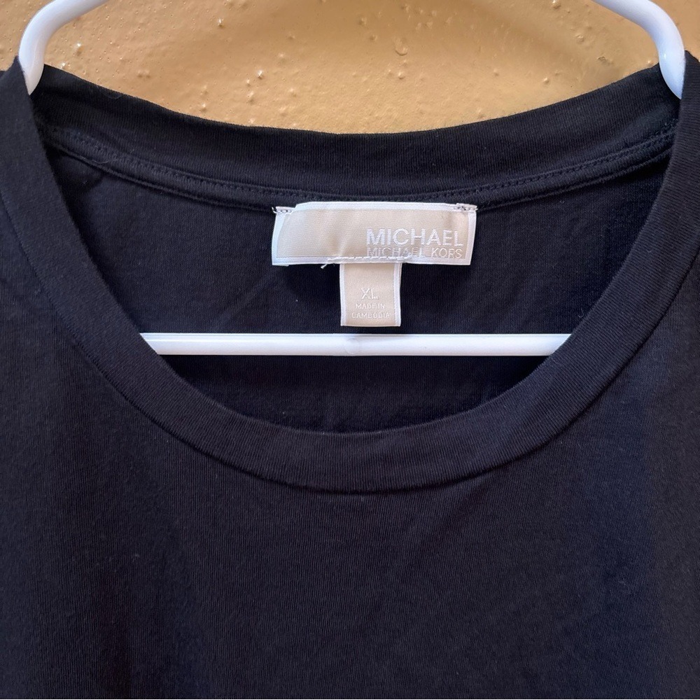 Michael Kors Black Puff Sleeve Top Faux Leather Mixed Media XL - Picture 3 of 10